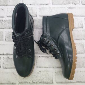 Lands End Gloss Rubber Ankle Rain Duck Boots Forest Green Women's 10 Lace Up